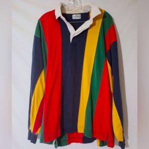 90s Primary Colors Striped Long Sleeve Polo  Size XL